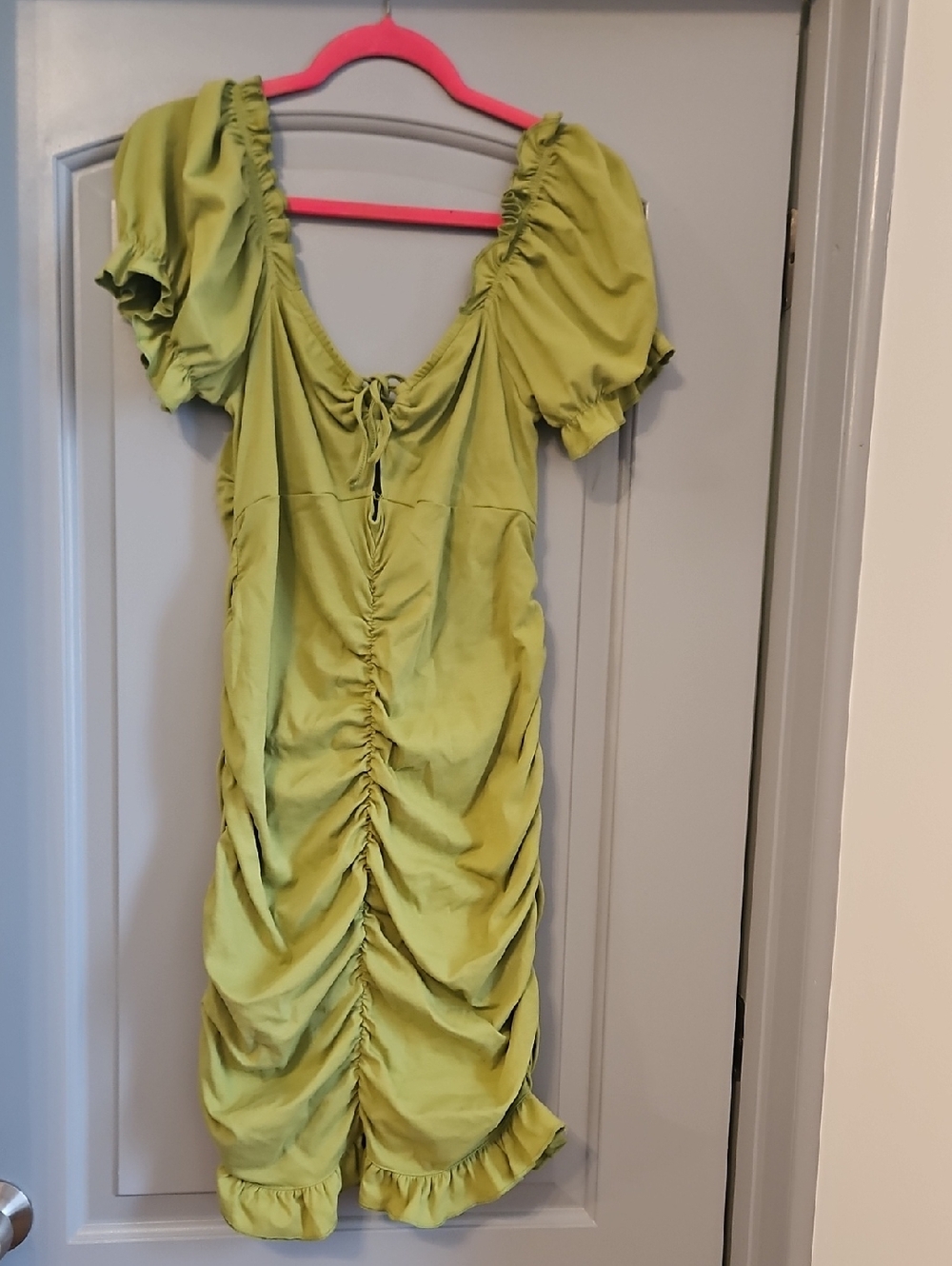 Women's Green Ruched Puff Sleeve Dress